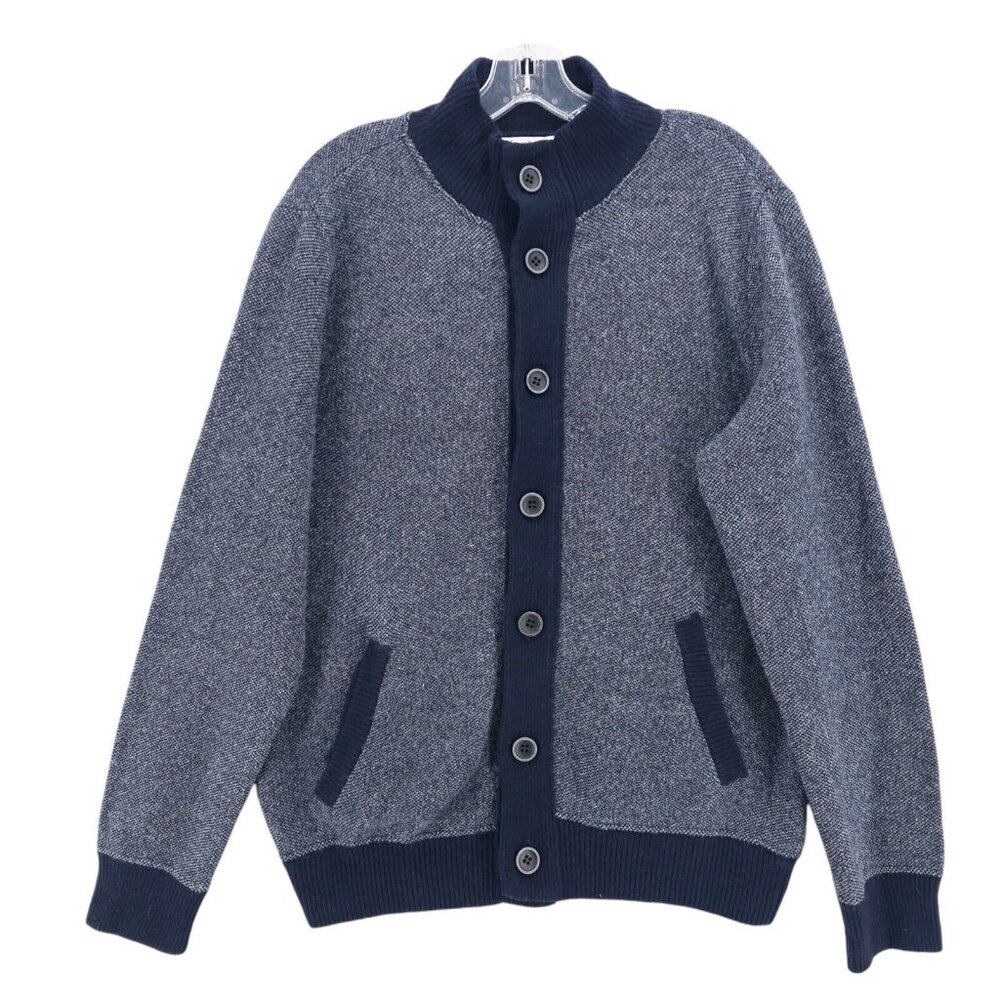 Emozioni Uomo Italy Sweater Cardigan Blue White Birdseye Wool Blend Men's LARGE